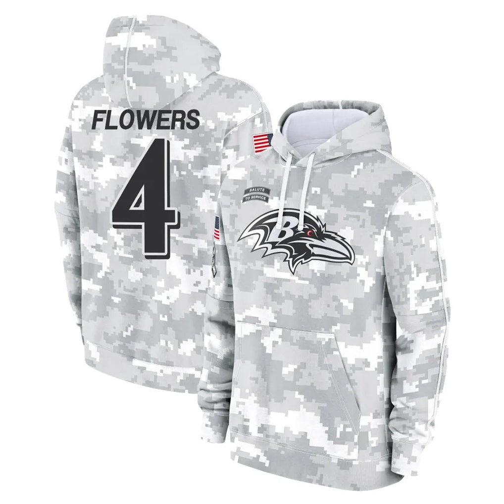 B.Ravens #4 Zay Flowers Player Arctic Camo Salute to Service Pullover Hoodie Ldoa Stitched Jerseys