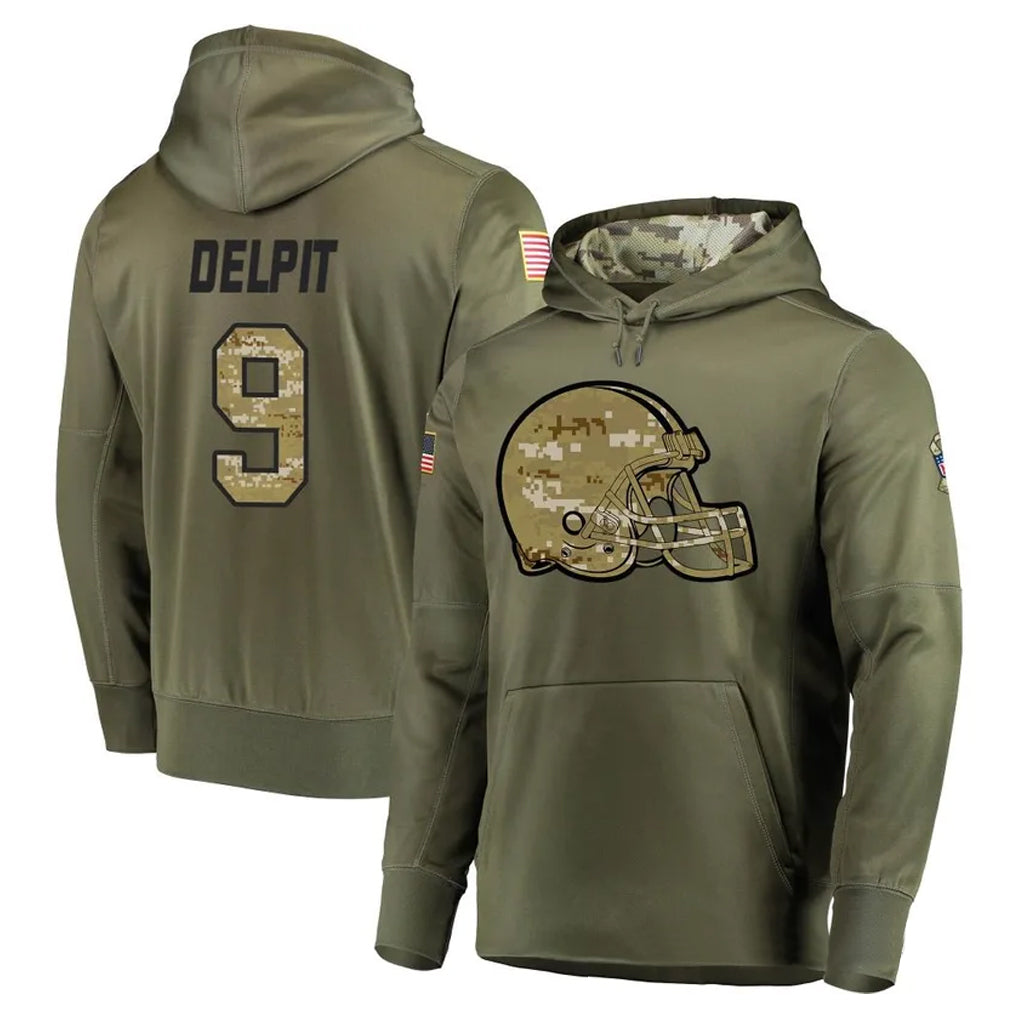 C.Browns #9 Grant Delpit Player Olive Salute to Service Pullover Hoodies Home Game Ldoa Stitched Jerseys