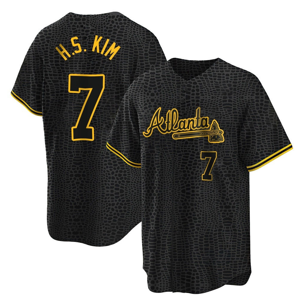 A.Braves #7 Ha-Seong Kim Player Black Snake Skin City Home Game Ldoa Stitched Jerseys