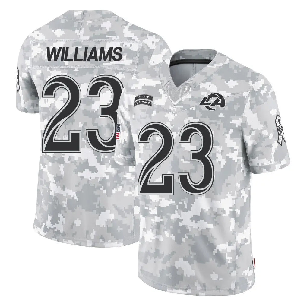 LA.Rams #23 Kyren Williams Player Arctic Camo Salute To Service Limited Game Ldoa Stitched Jerseys