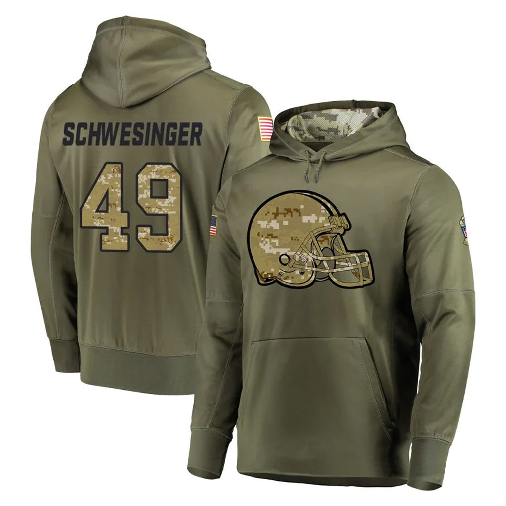 C.Browns #49 Carson Schwesinger Player Olive Salute to Service Pullover Hoodies Home Game Ldoa Stitched Jerseys