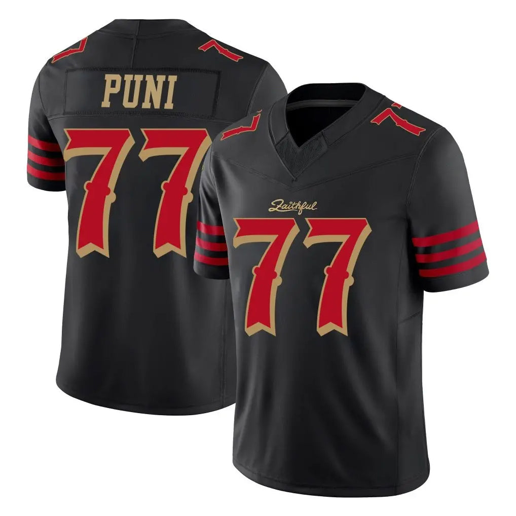 SF.49ers #77 Dominick Puni Player Black Limited Rivalries Collection Home Game Ldoa Stitched Jerseys