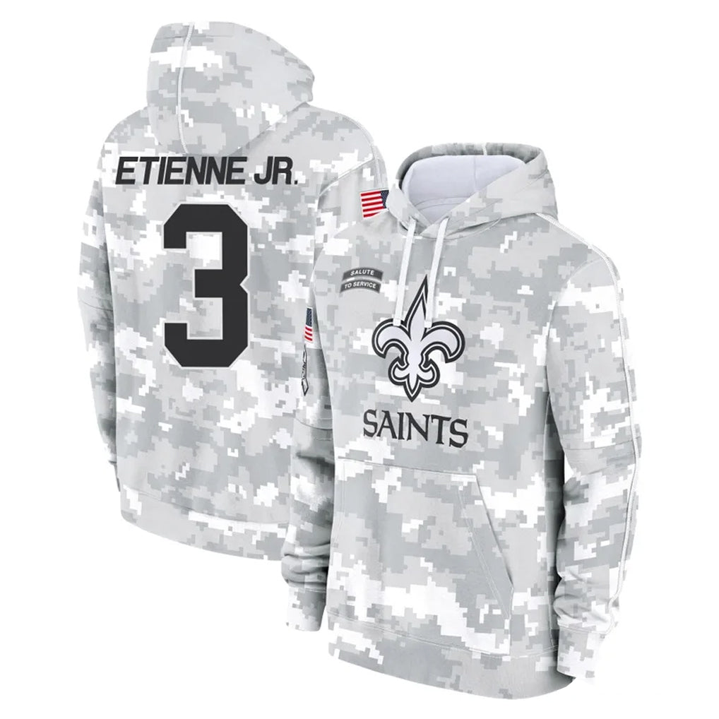 NO.Saints #3 Travis Etienne Jr. Player Arctic Camo Salute to Service Pullover Hoodies Limited Game Ldoa Stitched Jerseys