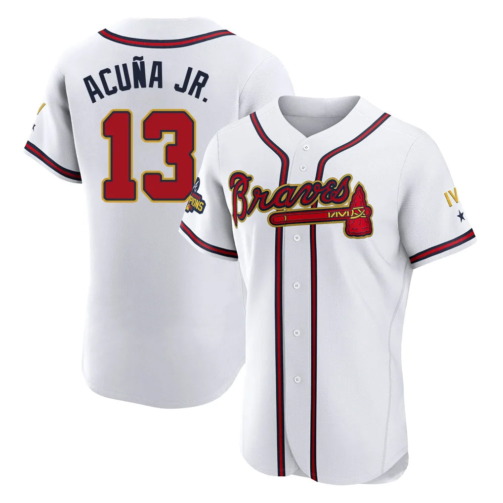 A.Braves #13 Ronald Acuna Jr Player White Gold Limited Elite Home Game Ldoa Stitched Jerseys