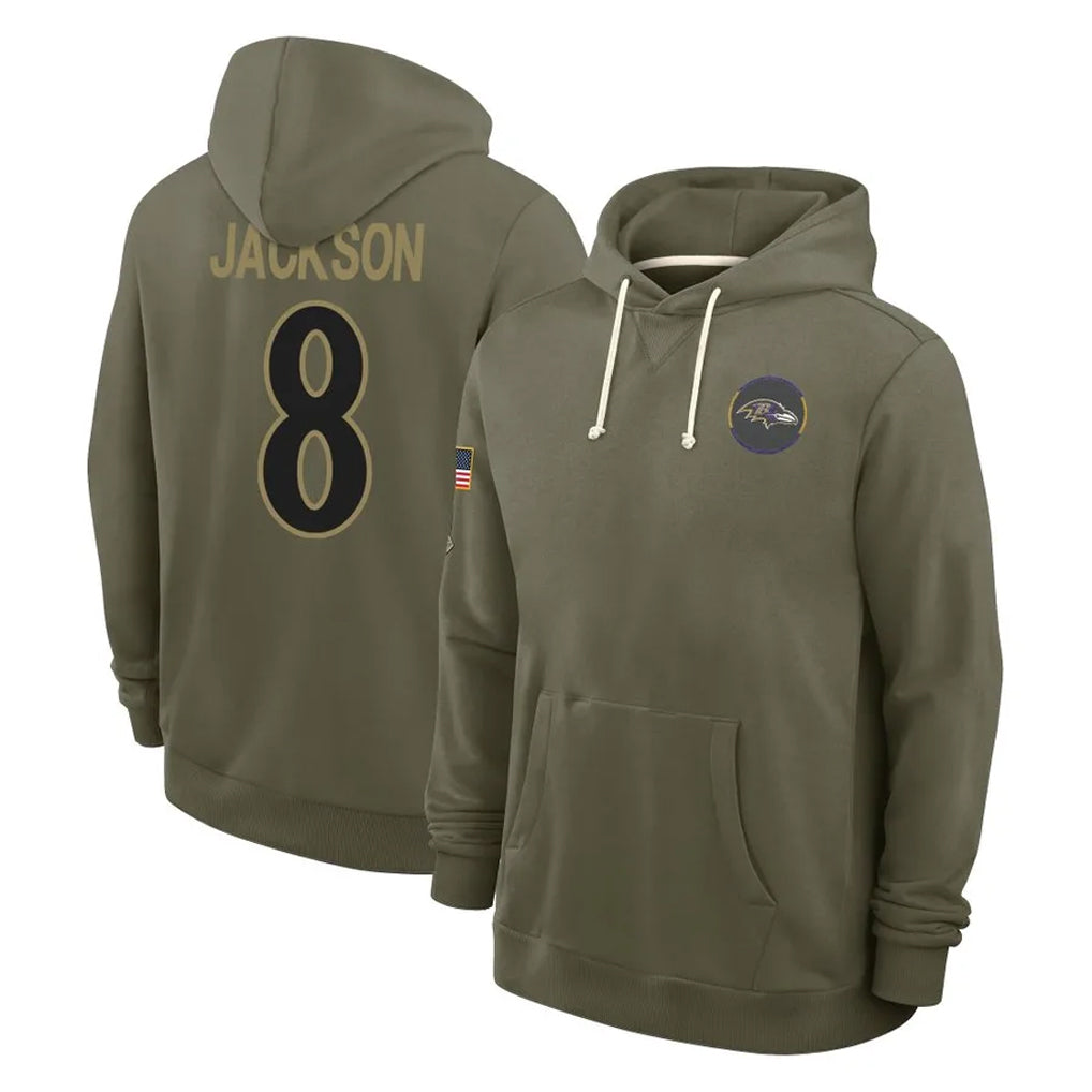 B.Ravens #8 Lamar Jackson Player Olive Salute to Service Hoodie Ldoa Stitched Jerseys