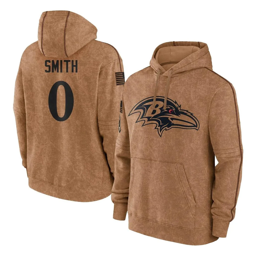 B.Ravens #0 Roquan Smith Player Brown Salute to Service Pullover Hoodie Ldoa Stitched Jerseys
