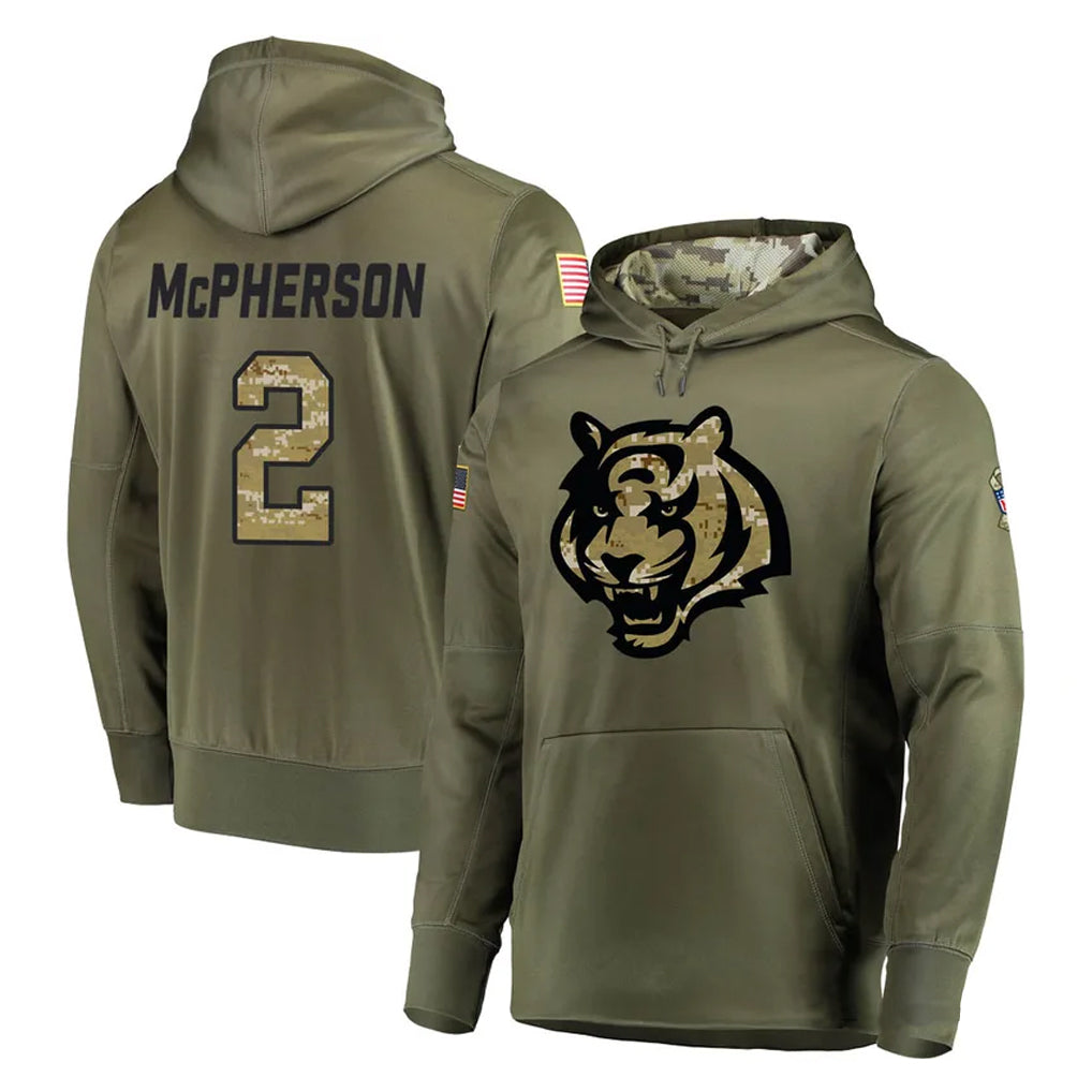 C.Bengals #2 Evan McPherson Player Olive Salute to Service Pullover Hoodies Home Game Ldoa Stitched Jerseys