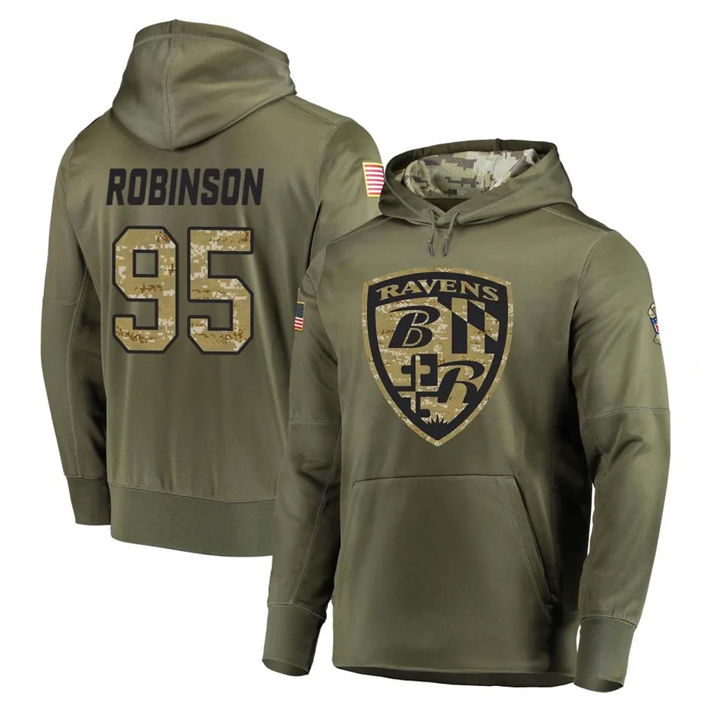B.Ravens #95 Tavius Robinson Player Olive Salute to Service Pullover Hoodie Ldoa Stitched Jerseys
