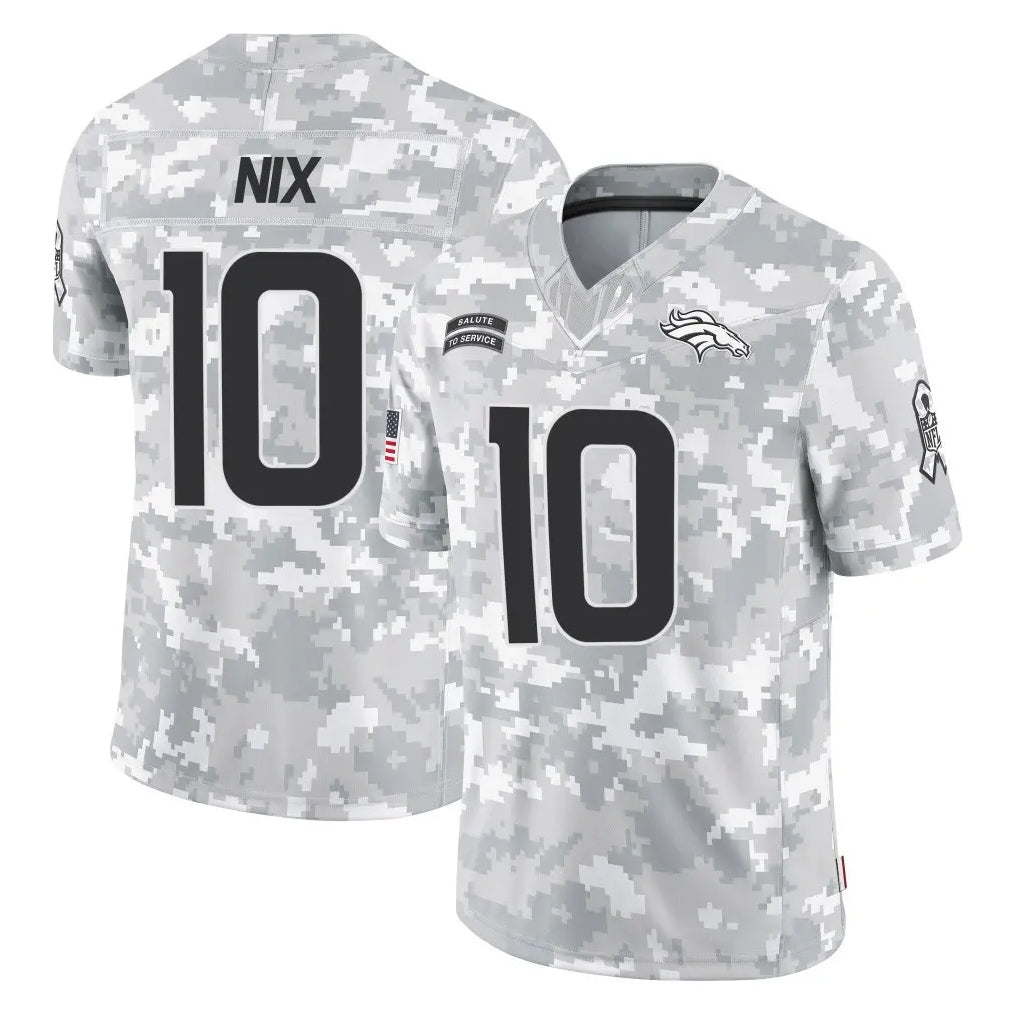 D.Broncos #10 Bo Nix Player Arctic Camo Salute To Service Limited Ldoa Stitched Jerseys