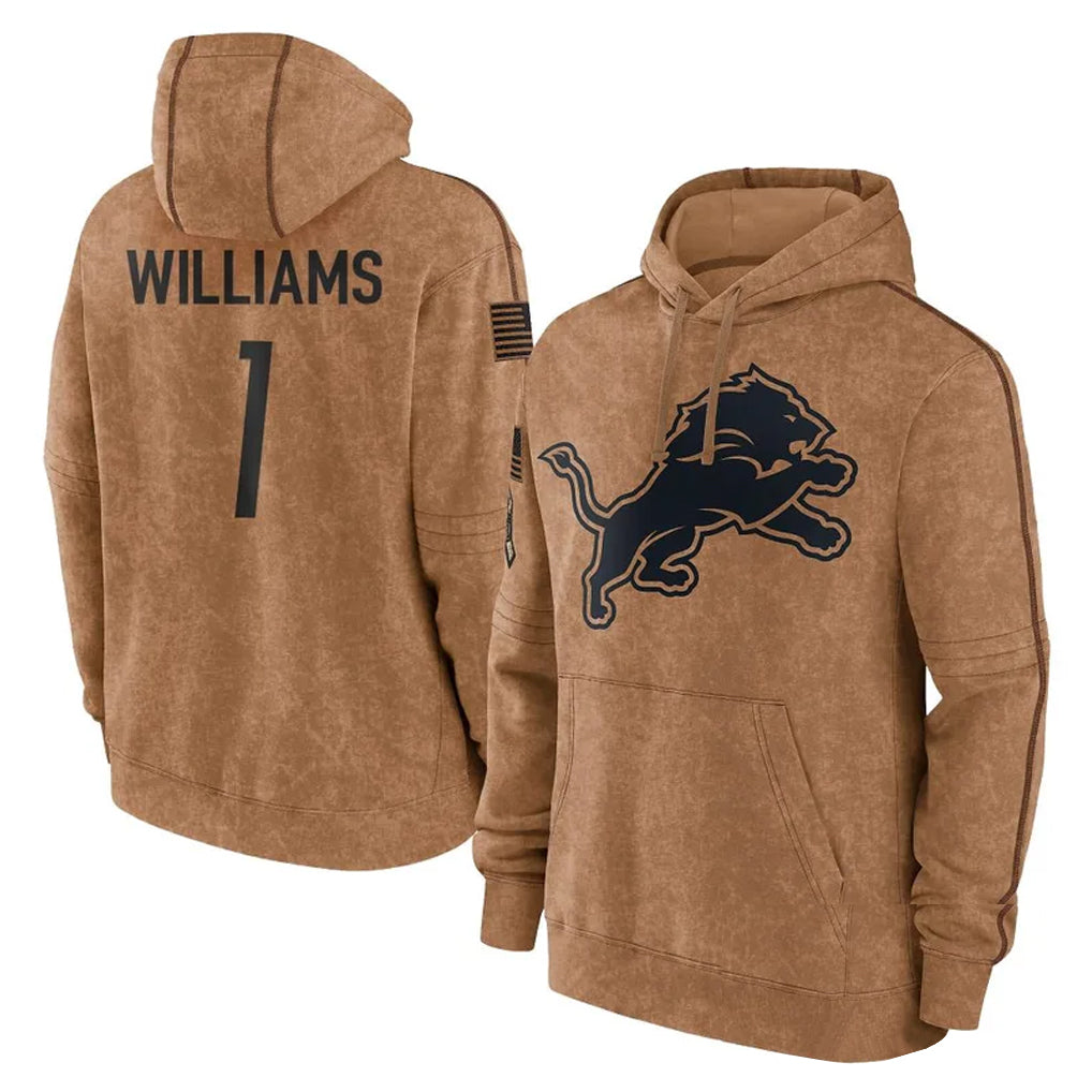 D.Lions #1 Jameson Williams Player Brown Salute to Service Hoodies Limited Game Ldoa Stitched Jerseys