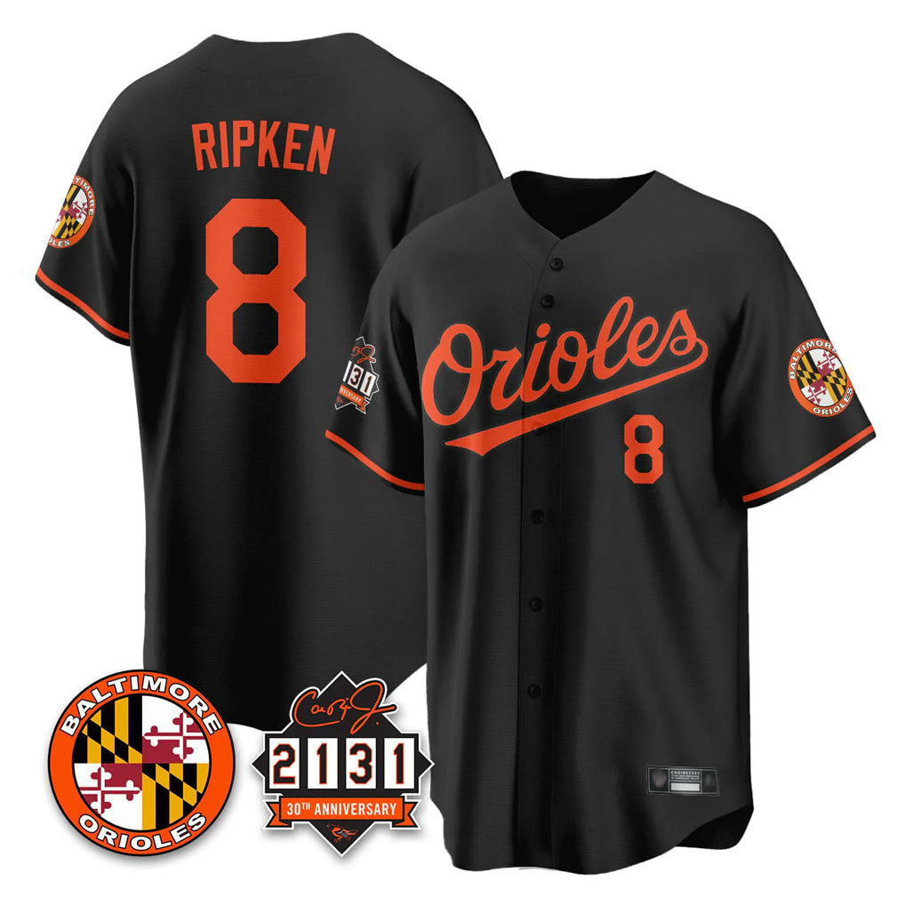 B.Orioles #8 Cal Ripken Player Black 30th Anniversary of 2131 Home Game Ldoa Stitched Jerseys