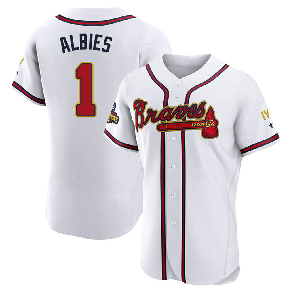 A.Braves #1 Ozzie Albies Player White Gold Limited Elite Home Game Ldoa Stitched Jerseys