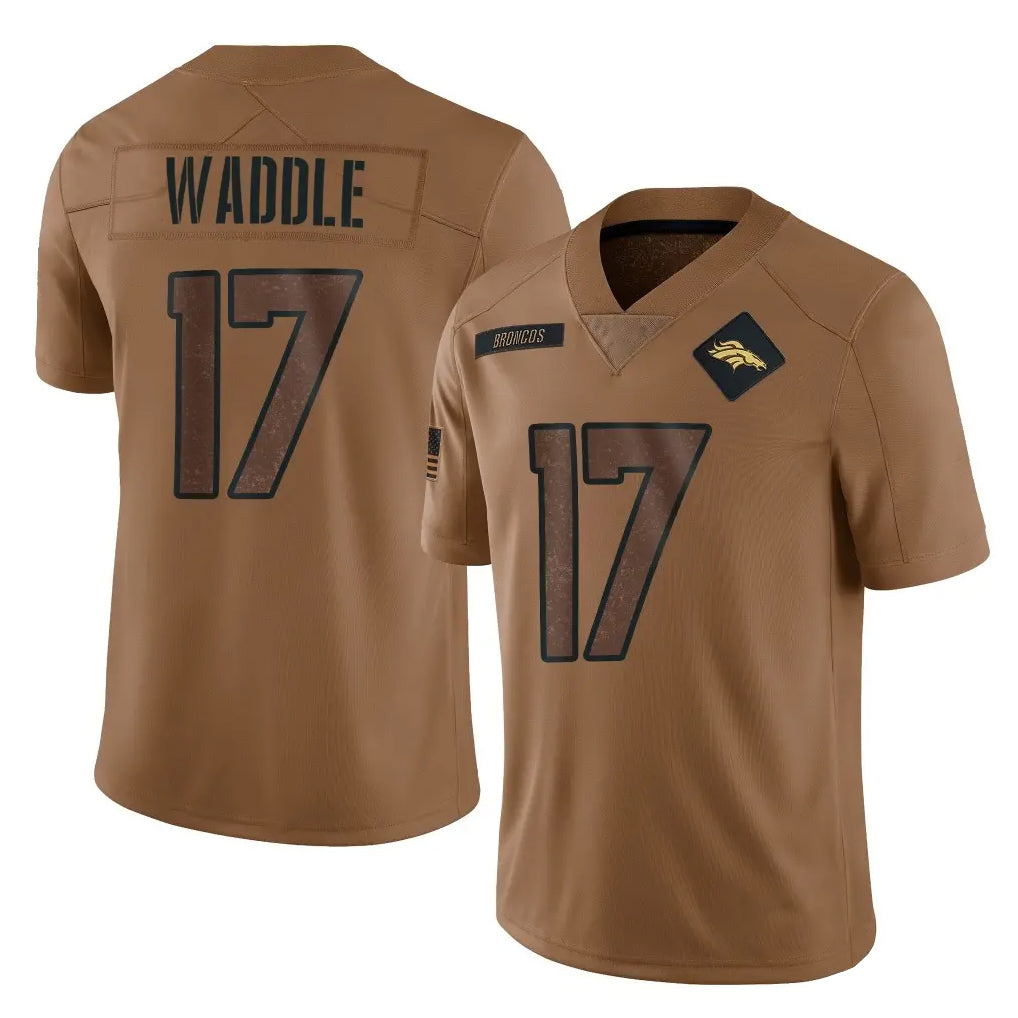 D.Broncos #17 Jaylen Waddle Player Brown Salute To Service Limited Ldoa Stitched Jerseys