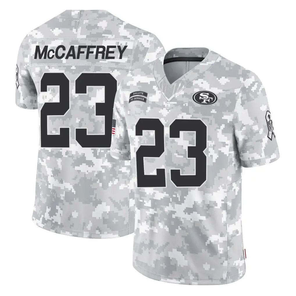 SF.49ers #23 Christian McCaffrey Player Arctic Camo Limited Salute To Service Home Game Ldoa Stitched Jerseys