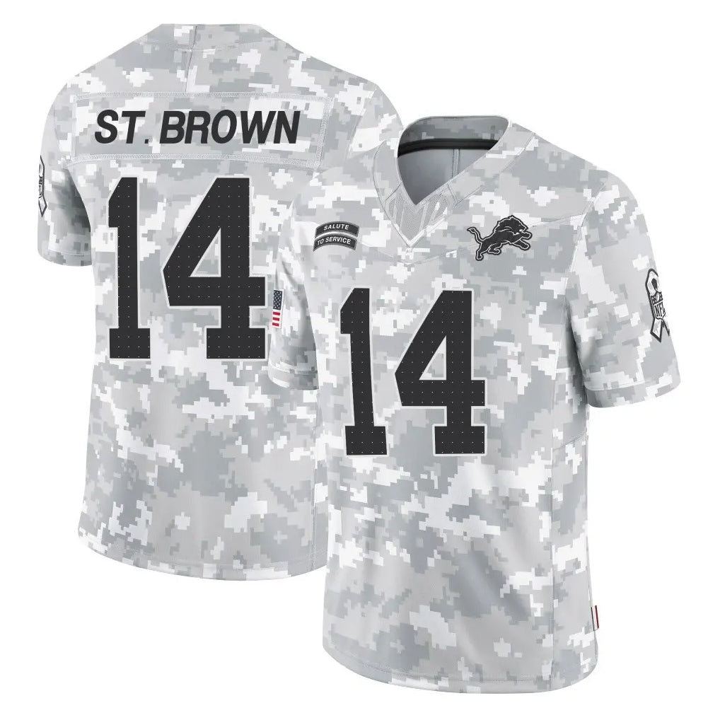 D.Lions #14 Amon-Ra St. Brown Player Arctic Camo Salute To Service Limited Ldoa Stitched Jerseys
