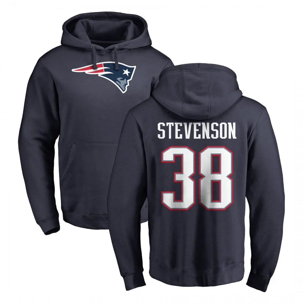 NE.Patriots #38 Rhamondre Stevenson Player Navy LOGO Pullover Hoodies Home Game Ldoa Stitched Jerseys