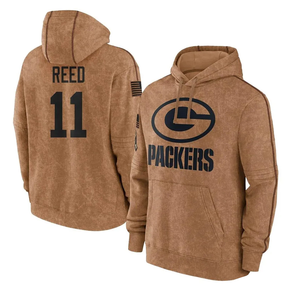 GB.Packers #11 Jayden Reed Player Brown Salute to Service Hoodies Limited Game Ldoa Stitched Jerseys
