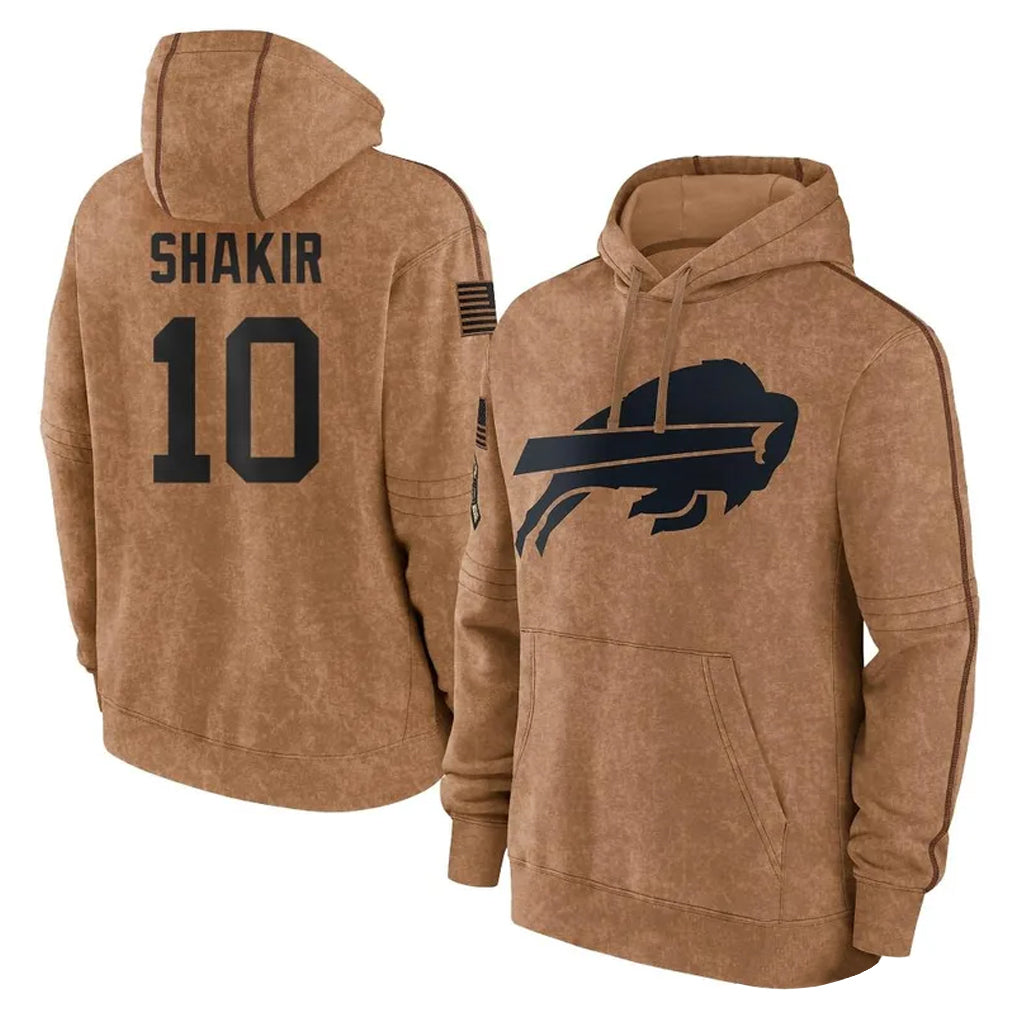 B.Bills #10 Khalil Shakir Player Brown Salute to Service Hoodies Ldoa Stitched Jerseys
