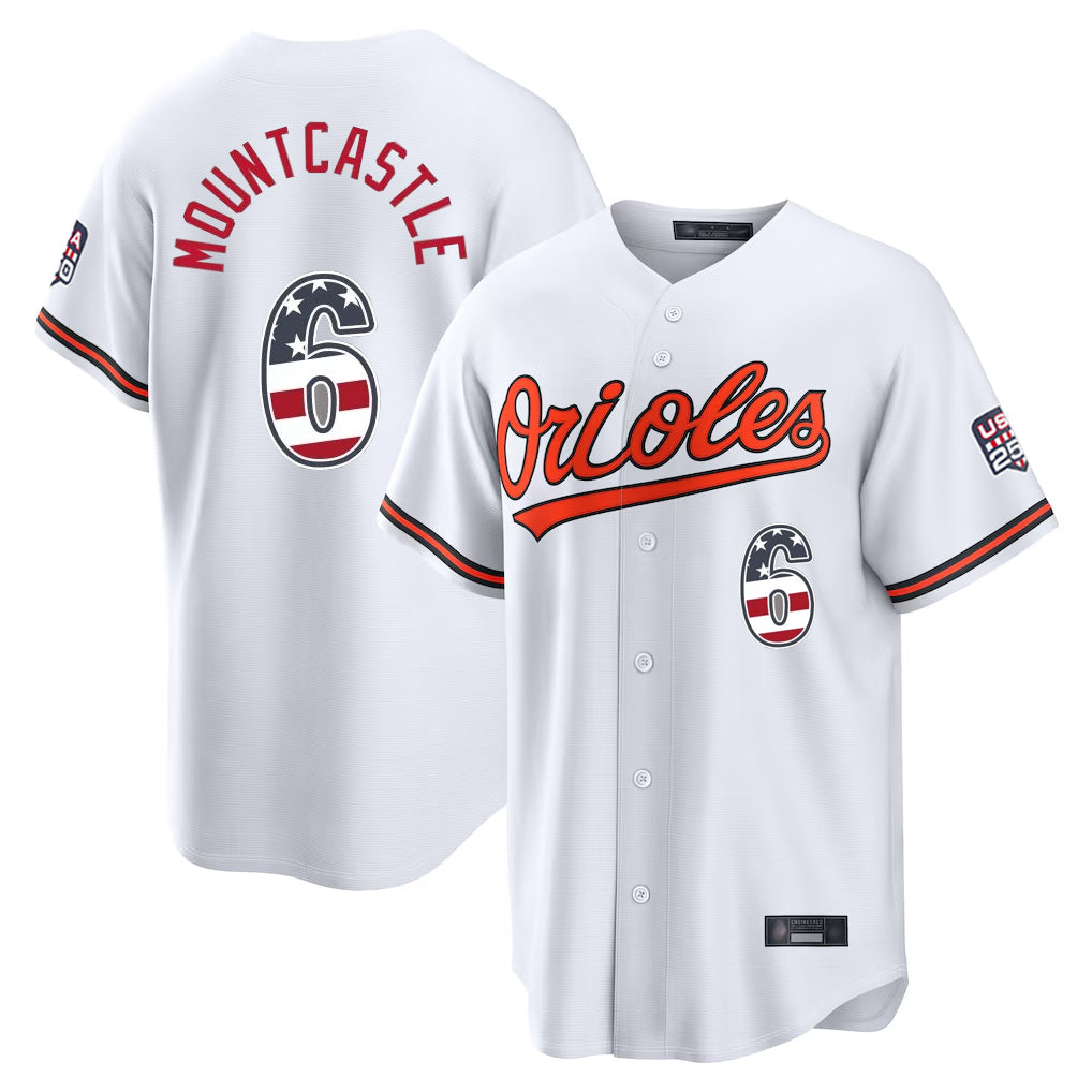 B.Orioles #6 Ryan Mountcastle Player White USA 250 Fourth of July Home Game Ldoa Stitched Jerseys