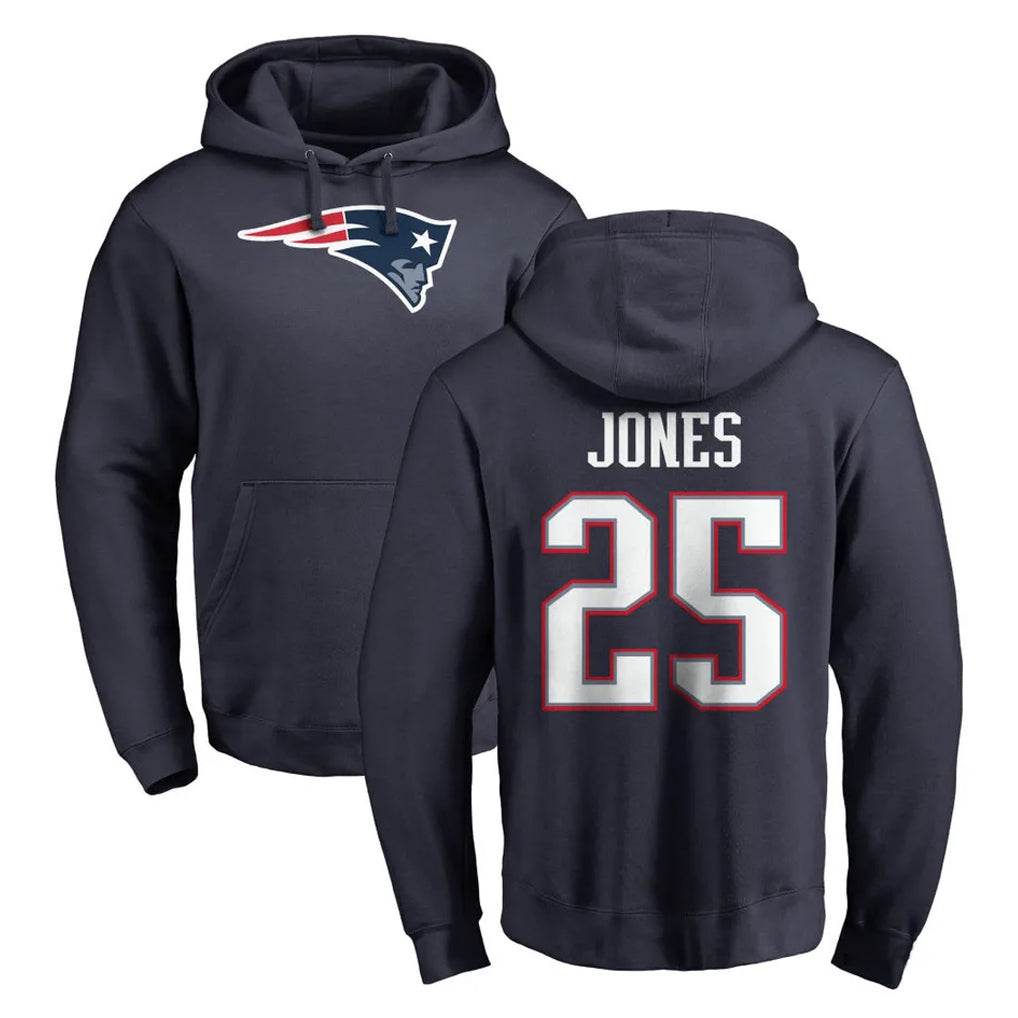 NE.Patriots #25 Marcus Jones Player Navy LOGO Pullover Hoodies Home Game Ldoa Stitched Jerseys