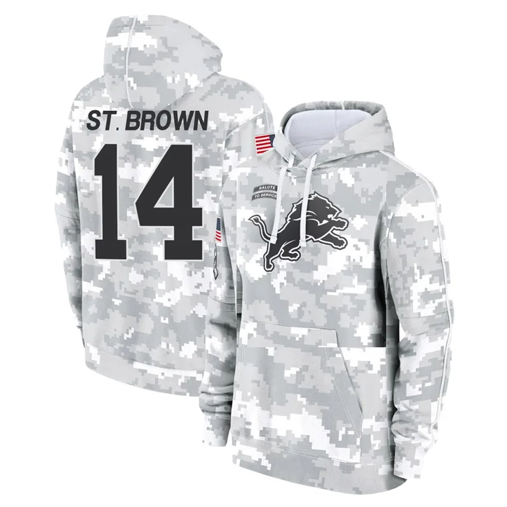 D.Lions #14 Amon-Ra St. Brown Player Arctic Camo Salute to Service Hoodies Limited Game Ldoa Stitched Jerseys