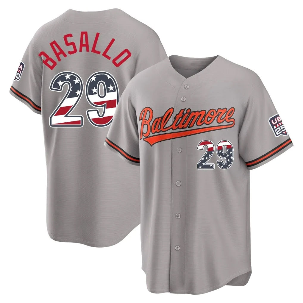B.Orioles #29 Samuel Basallo Player Gray USA 250 Fourth of July Home Game Ldoa Stitched Jerseys