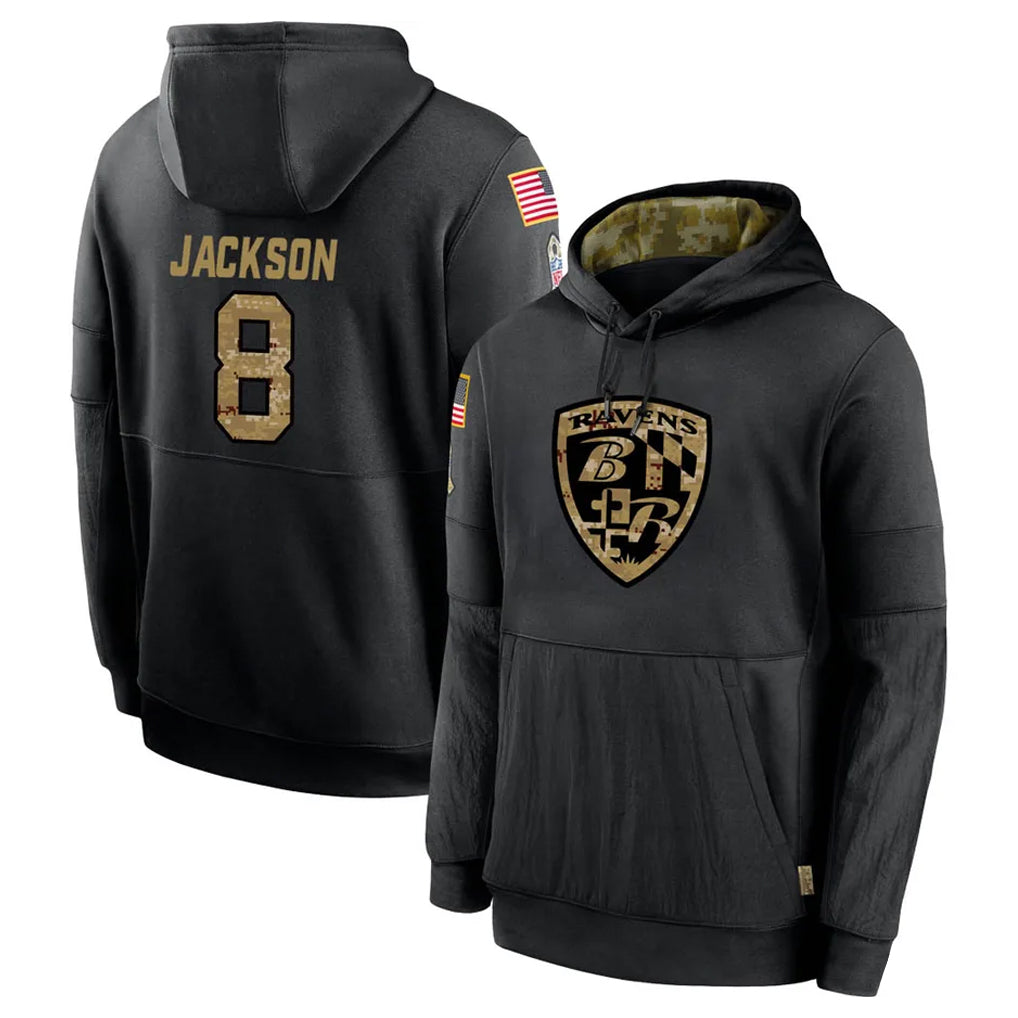 B.Ravens #8 Lamar Jackson Player Black Salute to Service Pullover Hoodie Ldoa Stitched Jerseys