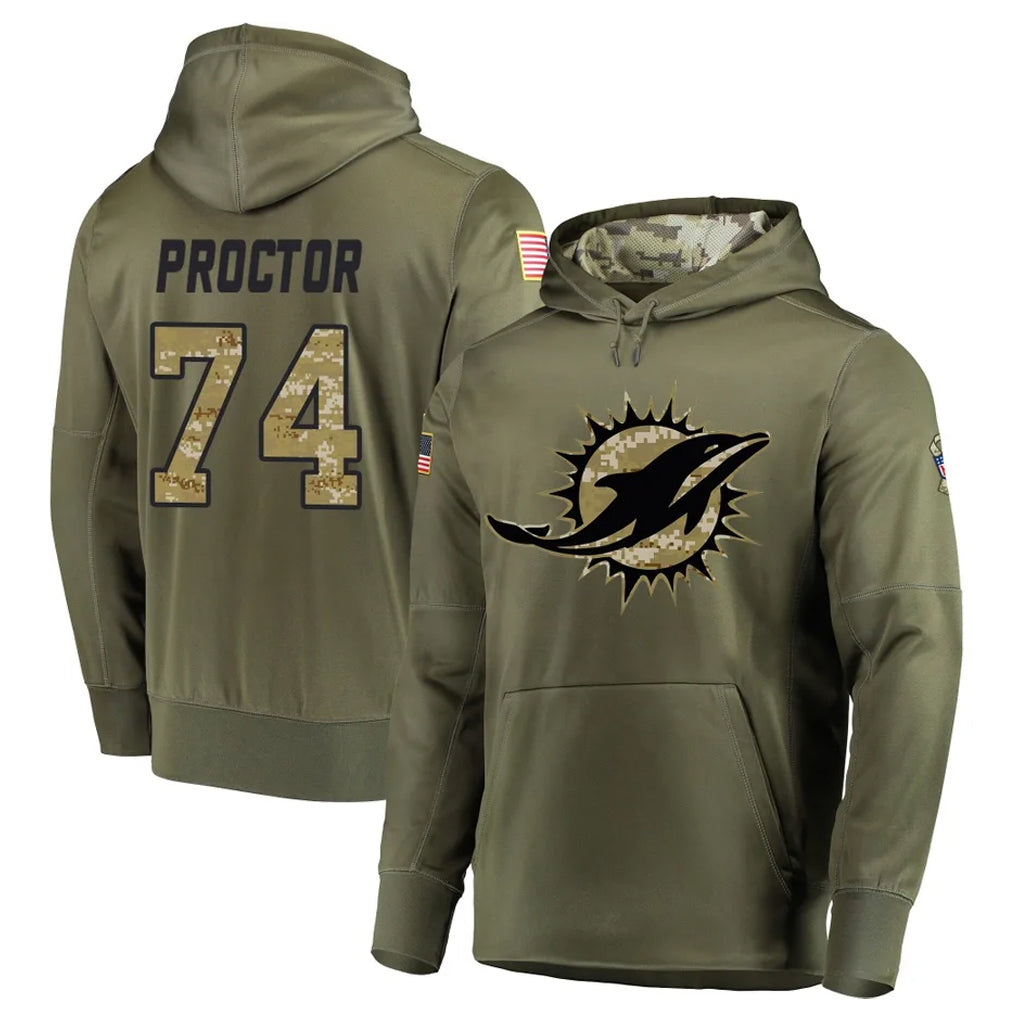 M.Dolphins #74 Kadyn Proctor Player Olive Salute to Service Pullover Hoodies Home Game Ldoa Stitched Jerseys