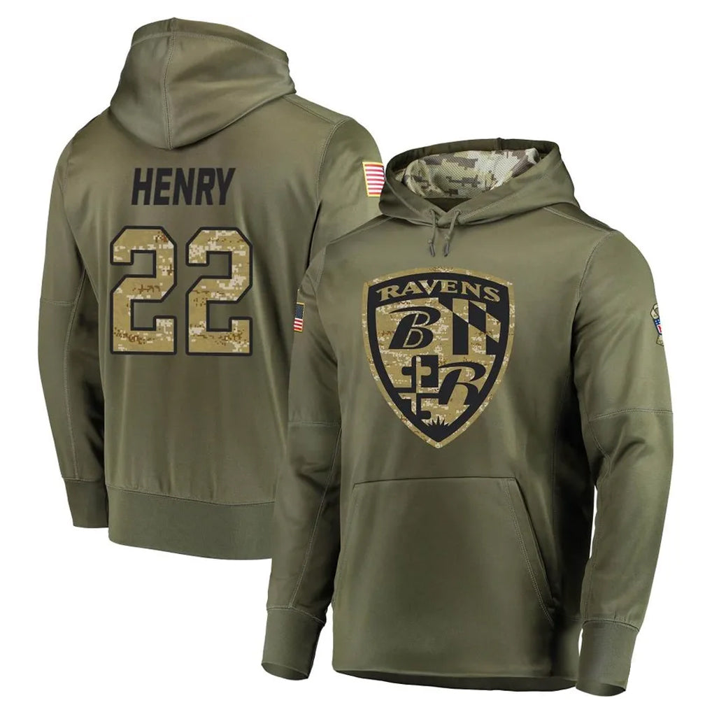 B.Ravens #22 Derrick Henry Player Olive Salute to Service Pullover Hoodie Ldoa Stitched Jerseys