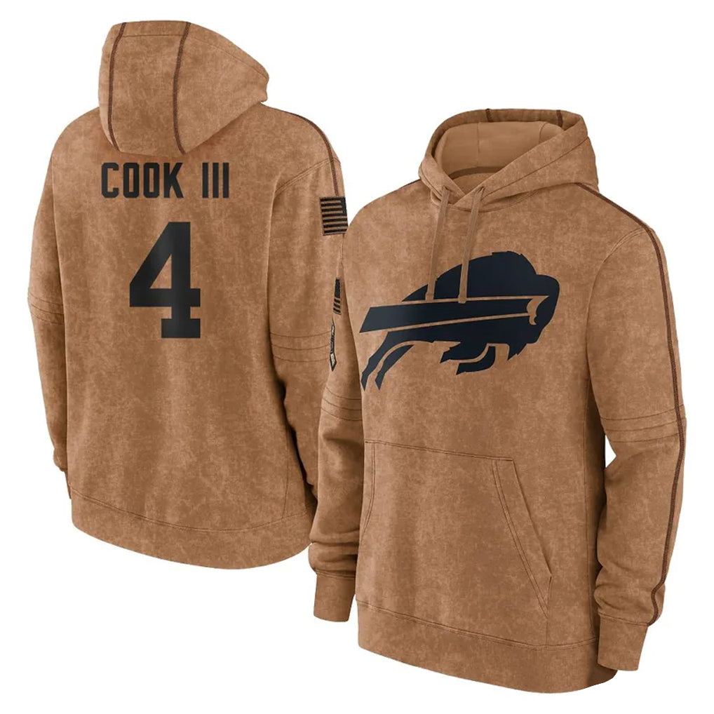 B.Bills #4 James Cook III Player Brown Salute to Service Hoodies Ldoa Stitched Jerseys