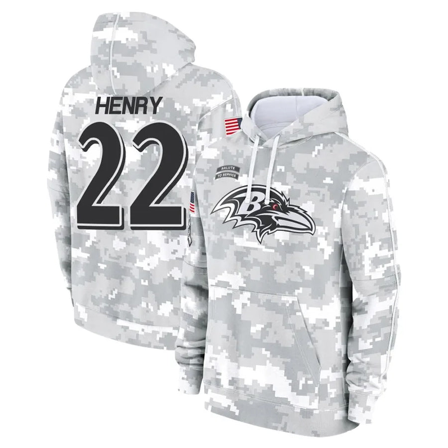 B.Ravens #22 Derrick Henry Player Arctic Camo Salute To Service Hoodie Ldoa Stitched Jerseys