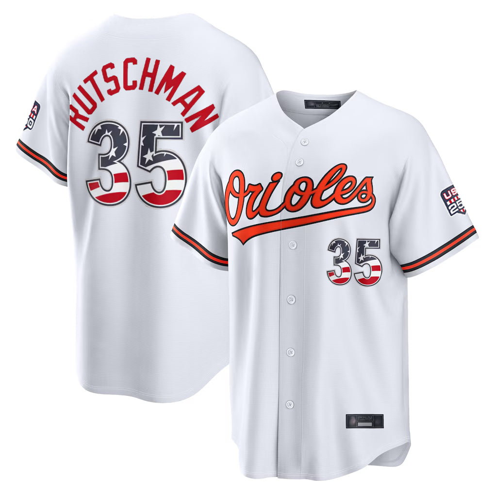 B.Orioles #35 Adley Rutschman Player White USA 250 Fourth of July Home Game Ldoa Stitched Jerseys