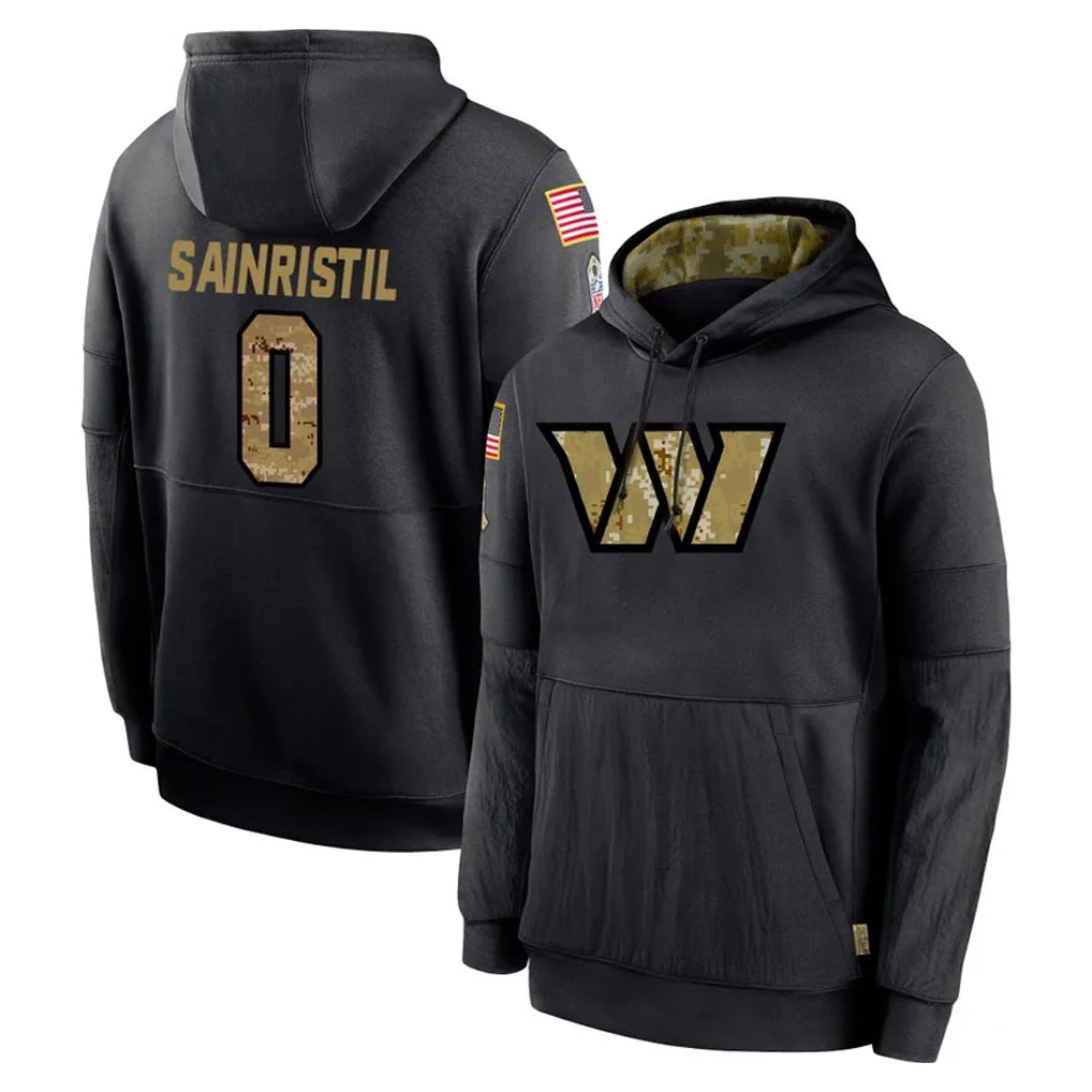 W.Commanders #0 Mike Sainristil Player Black Salute to Service Performance Pullover Hoodies Home Game Ldoa Stitched Jerseys