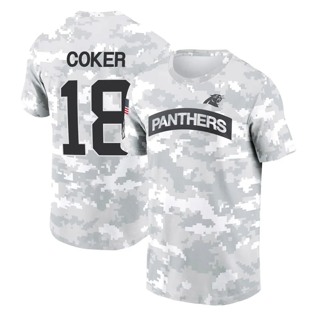 C.Panthers #18 Jalen Coker Player Arctic Camo Salute to Service T-Shirt Hoodies Ldoa Stitched Jerseys