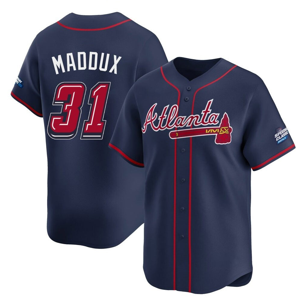 A.Braves #31 Greg Maddux Player Navy 2025 Speedway Classic Home Game Ldoa Stitched Jerseys