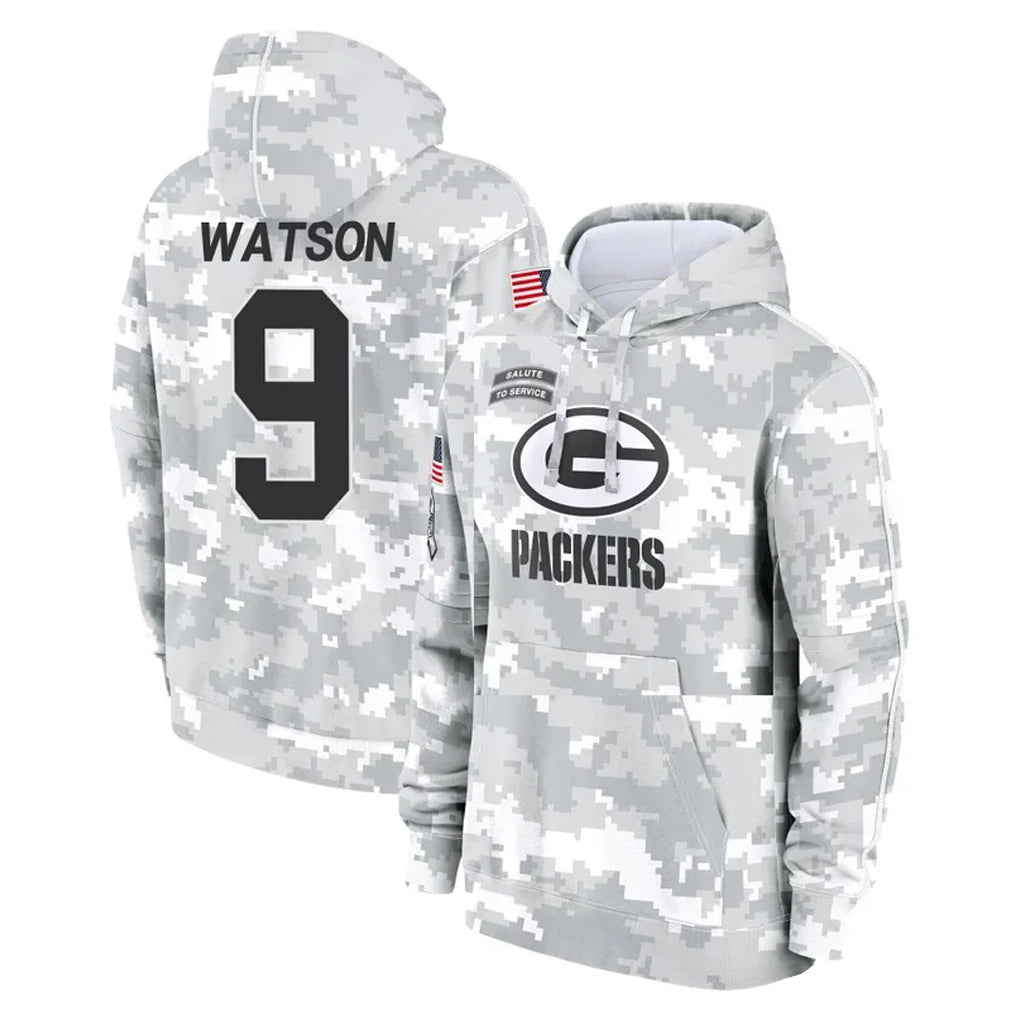 GB.Packers #9 Christian Watson Player Arctic Camo Salute to Service Hoodies Limited Game Ldoa Stitched Jerseys