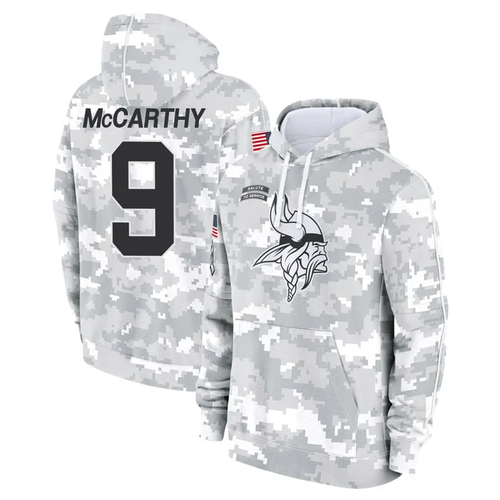 M.Vikings #9 J.J. McCarthy Player Arctic Camo Salute to Service Pullover Hoodies Limited Game Ldoa Stitched Jerseys
