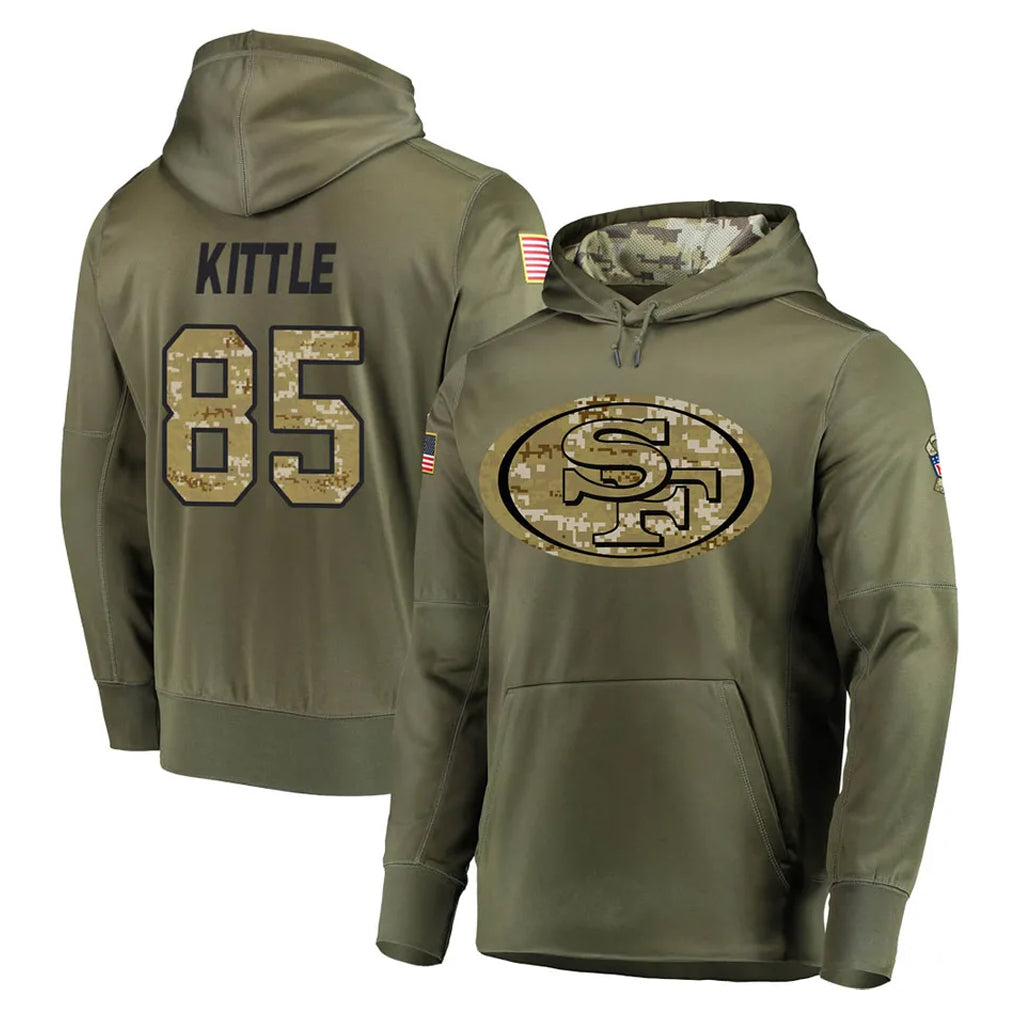 SF.49ers #85 George Kittle Player Olive Salute to Service Pullover Hoodie Home Game Ldoa Stitched Jerseys