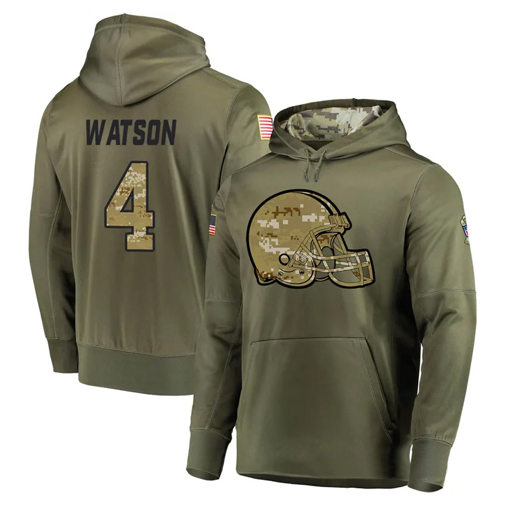 C.Browns #4 Deshaun Watson Player Olive Salute to Service Pullover Hoodies Home Game Ldoa Stitched Jerseys