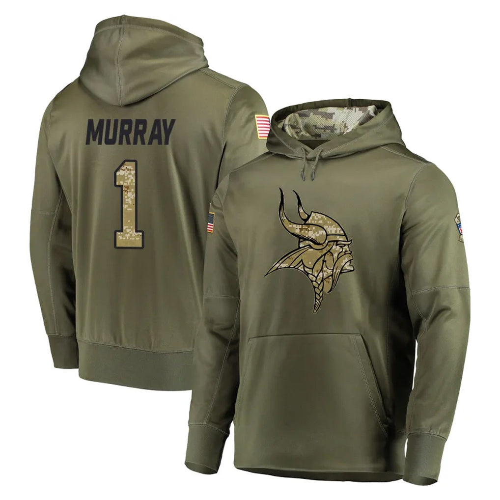 M.Vikings #1 Kyler Murray Player Olive Salute to Service Pullover Hoodies Home Game Ldoa Stitched Jerseys