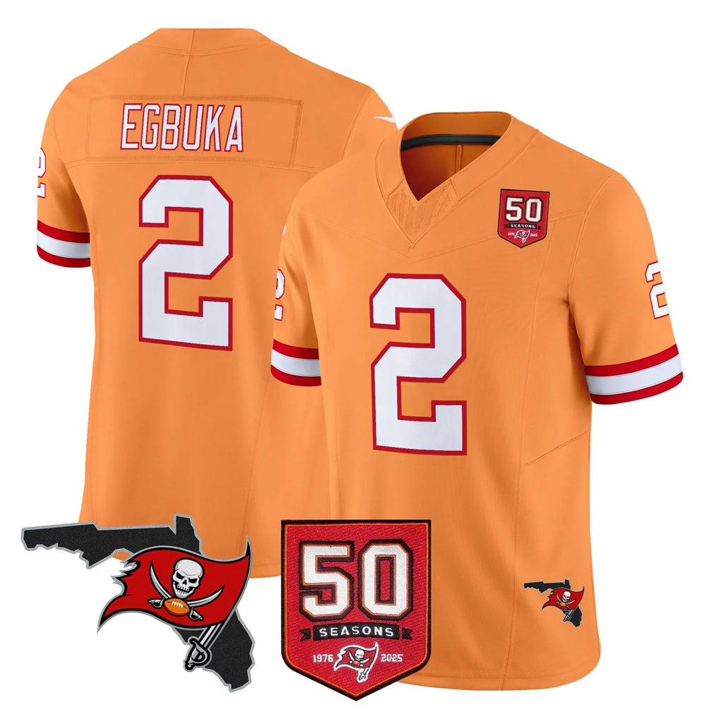 TB.Buccaneers #2 Emeka Egbuka Player Orange 50th Season Vapor Limited Home Game Ldoa Stitched Jerseys