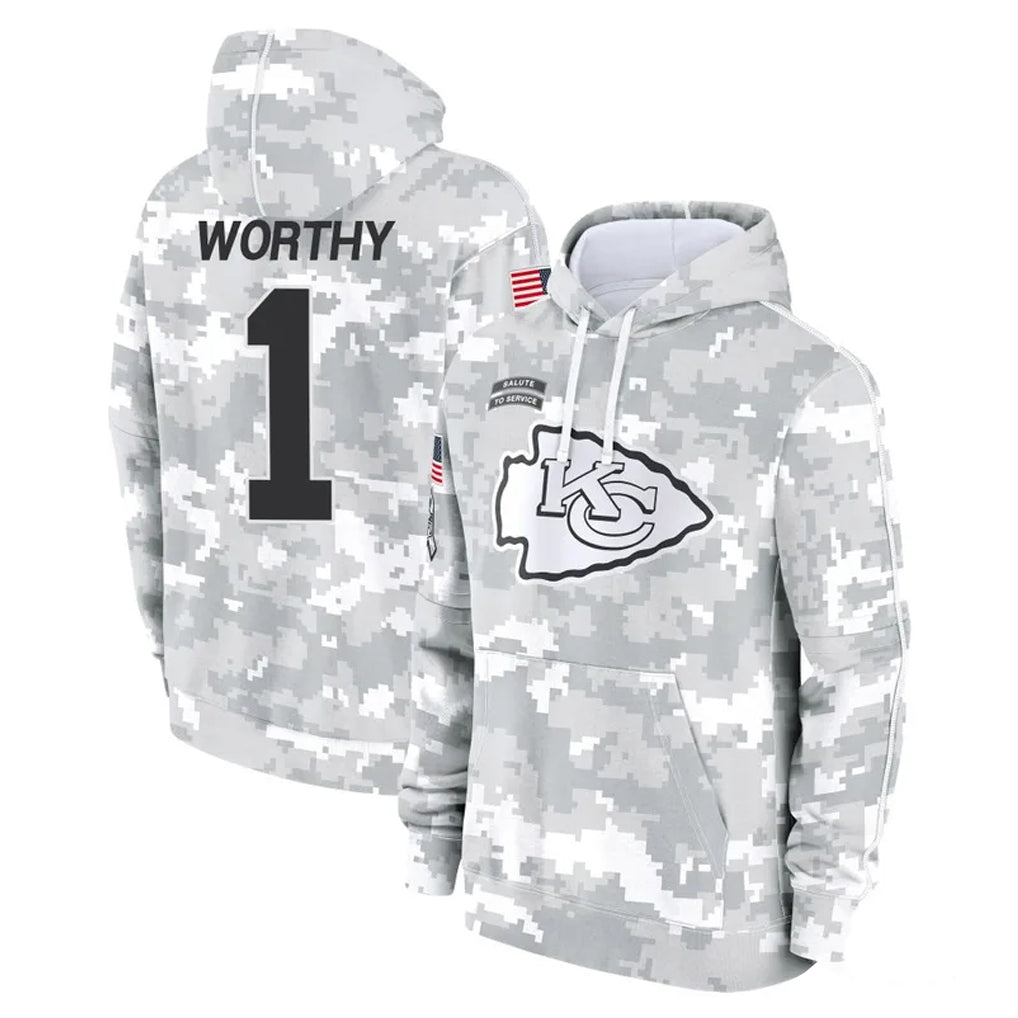KC.Chiefs #1 Xavier Worthy Player Arctic Camo Salute to Service Hoodies Limited Game Ldoa Stitched Jerseys