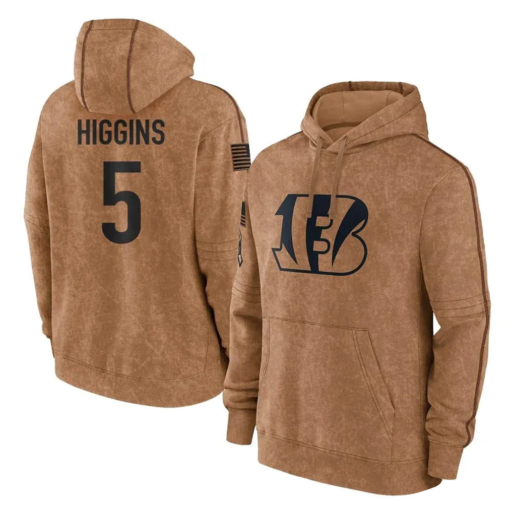 C.Bengals #5 Tee Higgins Player Brown Salute to Service Pullover Hoodie Limited Ldoa Stitched Jerseys