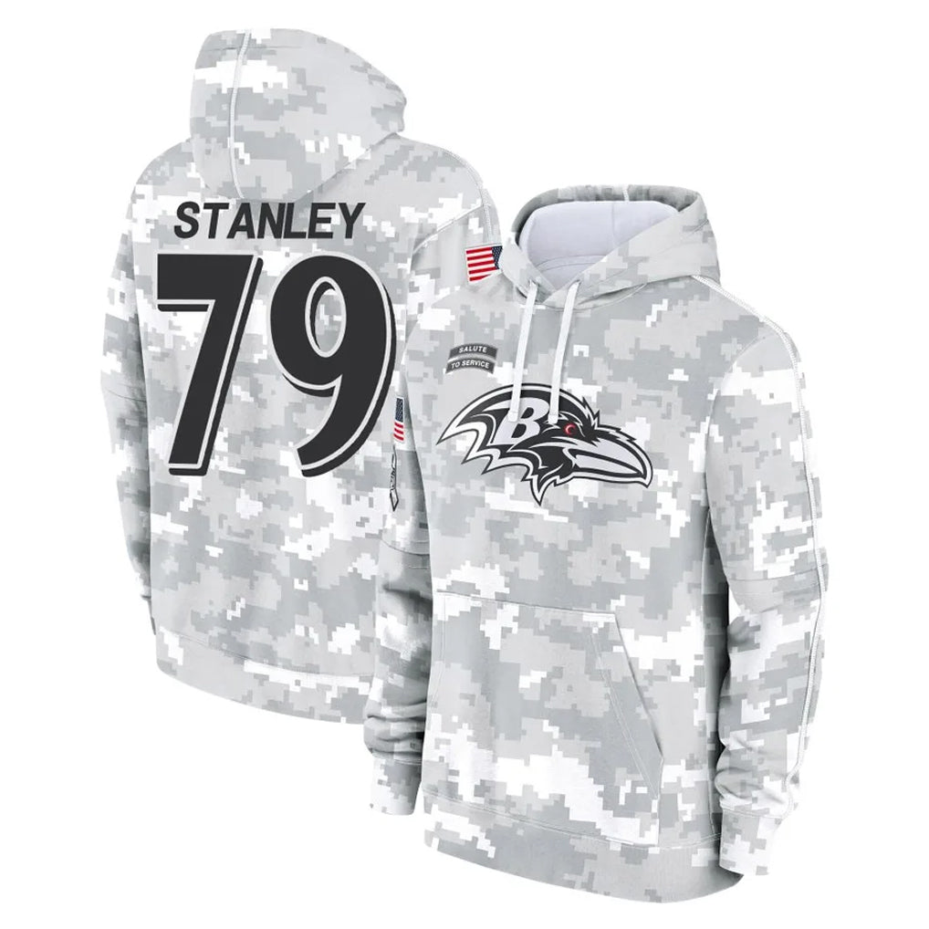 B.Ravens #79 Ronnie Stanley Player Arctic Camo Salute to Service Pullover Hoodie Ldoa Stitched Jerseys