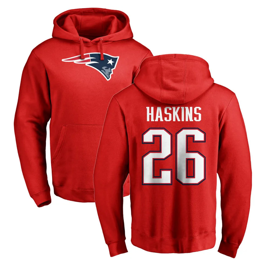 NE.Patriots #26 Hassan Haskins Player Red LOGO Pullover Hoodies Home Game Ldoa Stitched Jerseys