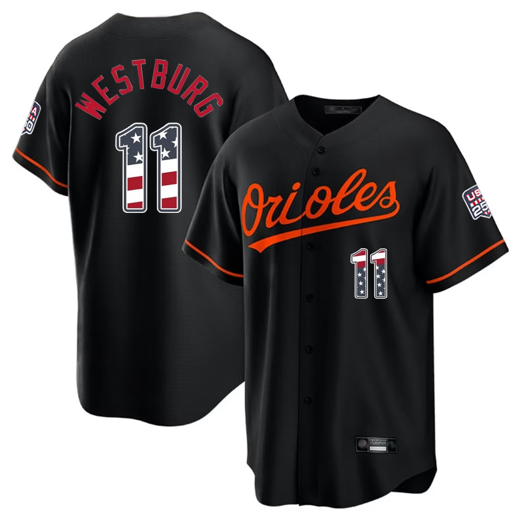 B.Orioles #11 Jordan Westburg Player Black USA 250 Fourth of July Home Game Ldoa Stitched Jerseys