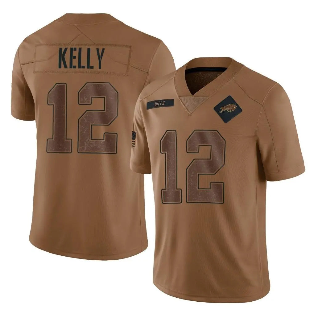 B.Bills #12 Jim Kelly Player Brown Salute To Service Limited Ldoa Stitched Jerseys