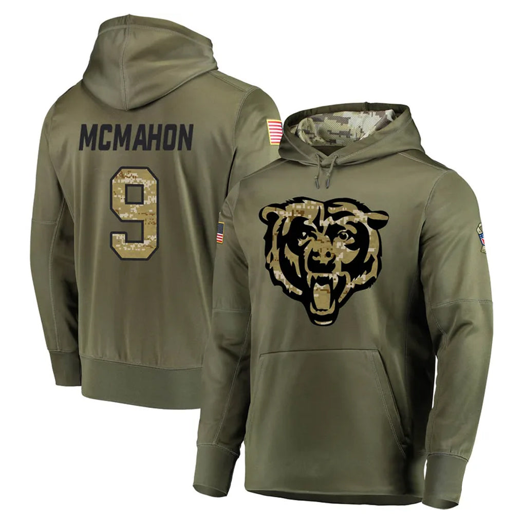 C.Bears #9 Jim McMahon Player Olive Salute to Service Pullover Hoodies Home Game Ldoa Stitched Jerseys