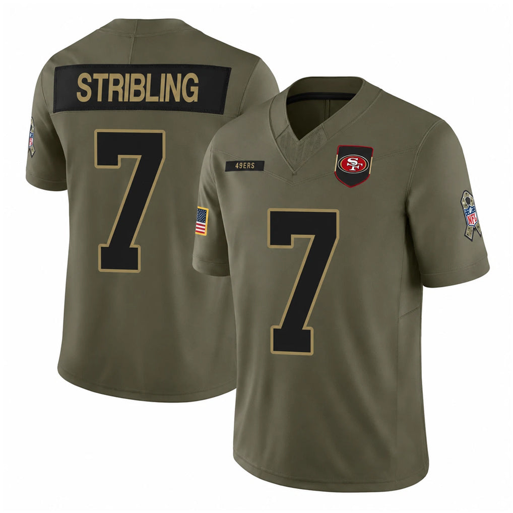 SF.49ers #7 De'Zhaun Stribling Player Olive 2025 Salute To Service Limited Home Game Ldoa Stitched Jerseys