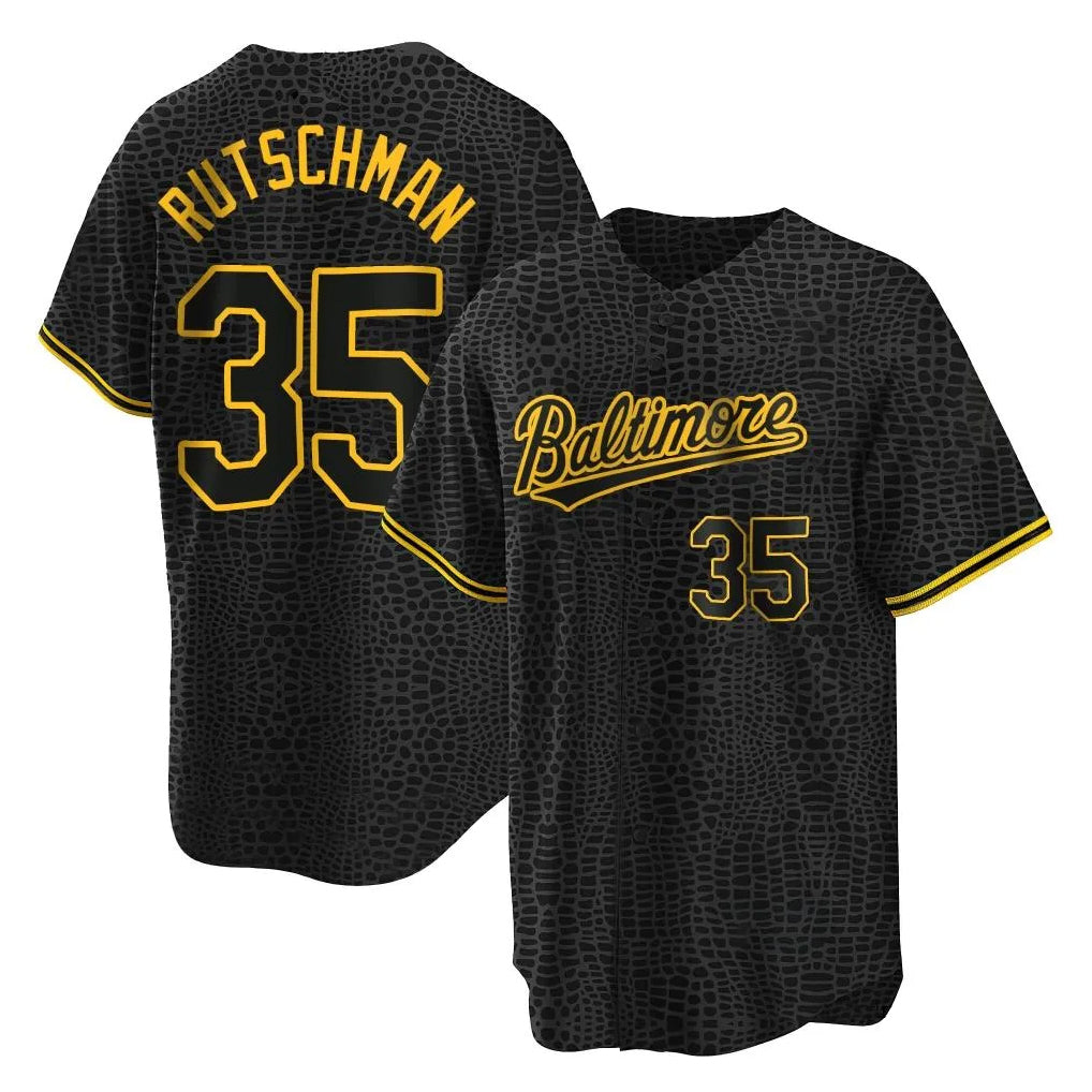 B.Orioles #35 Adley Rutschman Player Black Snake Skin City Home Game Ldoa Stitched Jerseys